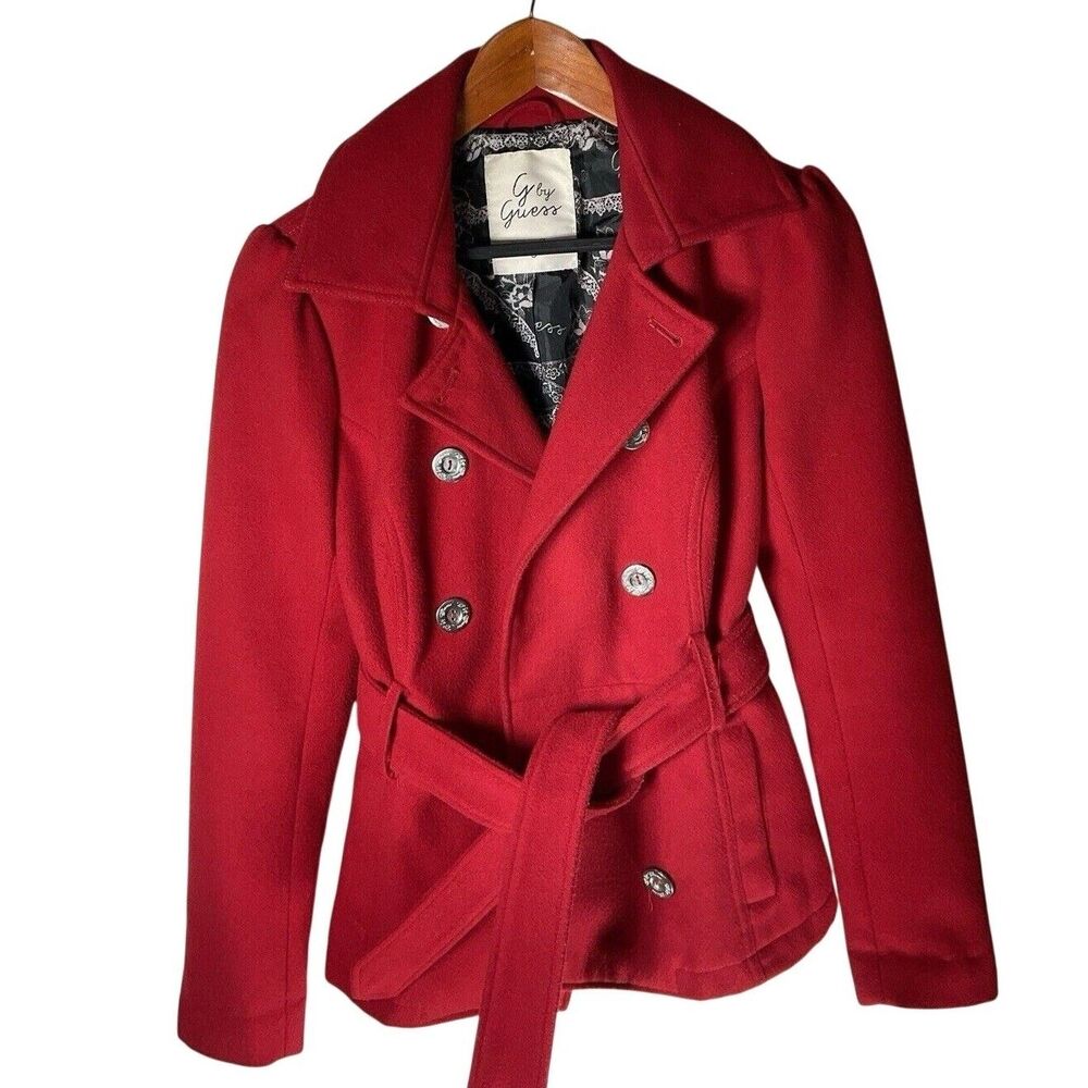 G by Guess Women's Red Belted Double Breasted Peacoat Silver Buttons Small S